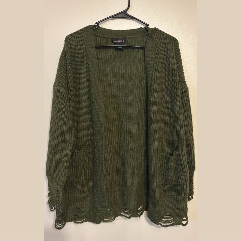 Distressed Runway 7 Dark Green Cardigan with Pockets